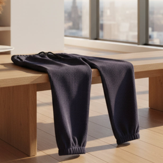 Front view of men’s winter corduroy jogger pants with simple streetwear design
