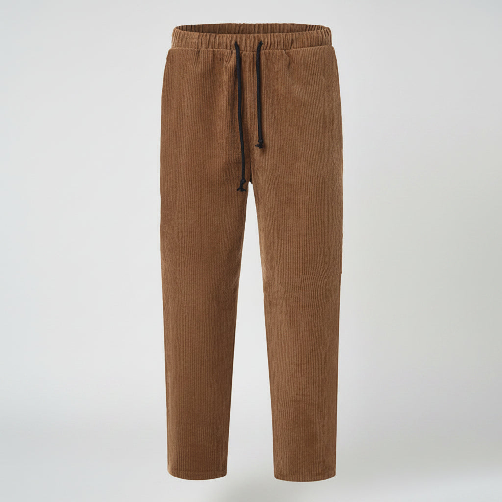 Front view of men’s winter corduroy jogger pants with simple streetwear design
